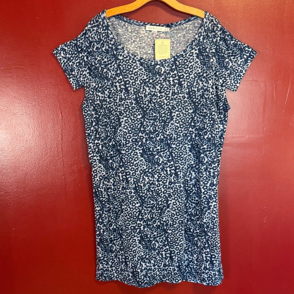 See‎ By Chloe Linen T-Shirt Dress Size 12 Blue Abstract Floral Summer Vacay Boho